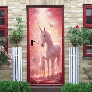 Dreamy Pink Unicorn Wall Stickers Warm Parent Child Cartoon Animal Decals Kids Room Bedroom Decorative Posters Self Adhesive Removable Wall Art Romantic Cherry Blossom Background Creative Home Decoration