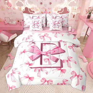 Kids Girls Cute Pink Bow Comforter Set with Sheets Monogrammed 7 Piece Bedding Set Personalized Initial E Bed in a Bag with Comforter,Sheets,Pillowcases Coquette Bow Modern Fashion