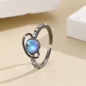 Elegant Colored Gemstone Ring - Adjustable Earth-Shape Cuff Inlaid with Light Blue Gemstone, Unique Fashion Costume Jewelry for Daily Wear & Party Accessory, Colored Gemstone Rings