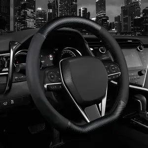 d Shape Steering Wheel Cover, Leather  Steering Wheel Protector  Carbon Fiber Design,Non-Slip & Breathable,Universal Fit 15 Inch /Auto/SUV Flat Bottom Steering Wheels (Matt Black)