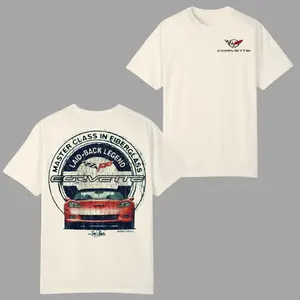 Corvette Laid-Back Legend T-shirt, Retro C6 Front View Graphic with Weathered Fiberglass Badge 2 Sides, Classic Car Fan Tee with Front Corvette Emblem for American Muscle Lovers for Men & Women, Streetwear, Vacation Outfits, 4th July Outfit
