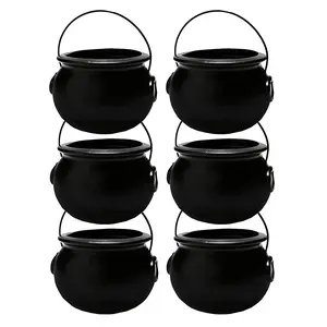 PMU 6pc -6inch Halloween Cauldron - Cauldron Plastic Pot & Bucket - Halloween Party Favors & Supplies - Perfect Kitchen & Home Décor - Candy Holder, 6 Inch Black