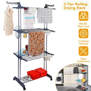 Heavy Duty Rolling Clothes Drying Rack. Collapsible Laundry Stand with Dual Side Wings & Bottom Shelves. Portable Indoor/Outdoor Wardrobe Rack