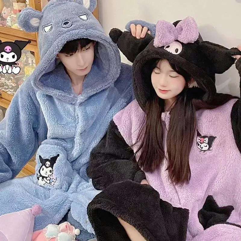 Y2K Cartoon Plush Pajamas Kuromi Cinnamoroll Winter Kawaii Women Hooded Nightgown Long Girls Thickened Warm Couple's Nightgown