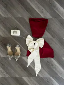 Women's Elegant Chic Wine Halter Top + Large Bow Short Skirt Set, Sexy Style, Perfect for Parties and Events, 2 Piece