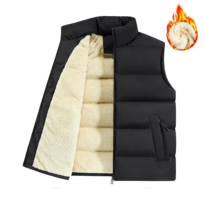 100% polyester fleece stand collar cotton vest for men — winter warmth sleeveless outerwear; thickened stand collar cotton vest for winter; 100% polyester, wrinkle-resistant stitched design locks in heat and provides warmth; versatile basic fleece cotton