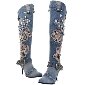Women's Denim Thigh High Winter Boots Western Punk Embroidered Cowgirl Stiletto Heel Riding Boots with Beaded Details Blue wide calf boots winter boots thigh high boots