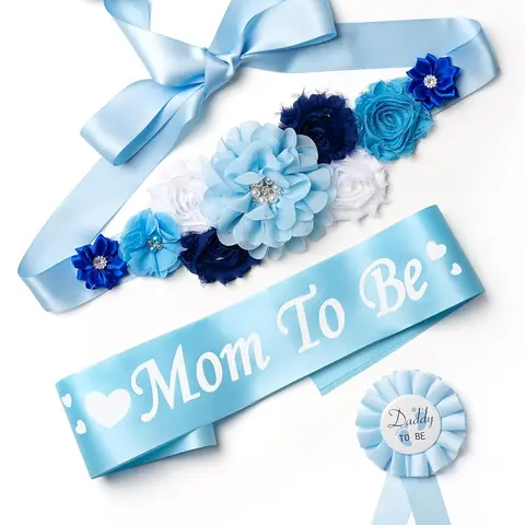 3PCS Blue Pink Maternity Sash Mom to Be & Daddy to Be Corsage Pin Set Photography Keepsake Gifts Pregnancy Flower Belly Band Souvenir Supplies