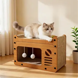Multifunctional Cat Scratching Post with Bouncing Ball, Durable Cardboard Cat House, Scratch-Resistant, Vertical Scratcher, Suitable for All Seasons
