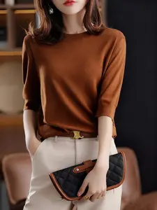 Women's Knitted Sweater Round Neck Medium Sleeve Spring Autumn New Vintage Elegant Knitwear Top Half-Sleeve Base Layer
