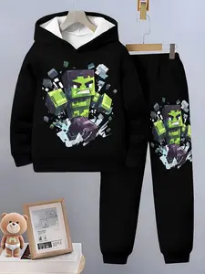 Boys Spring Fall Sports Set, Minecraft Kawaii Explosion Hoodie and Pants Two-Piece, Casual Fitted Game Fashion for Kids