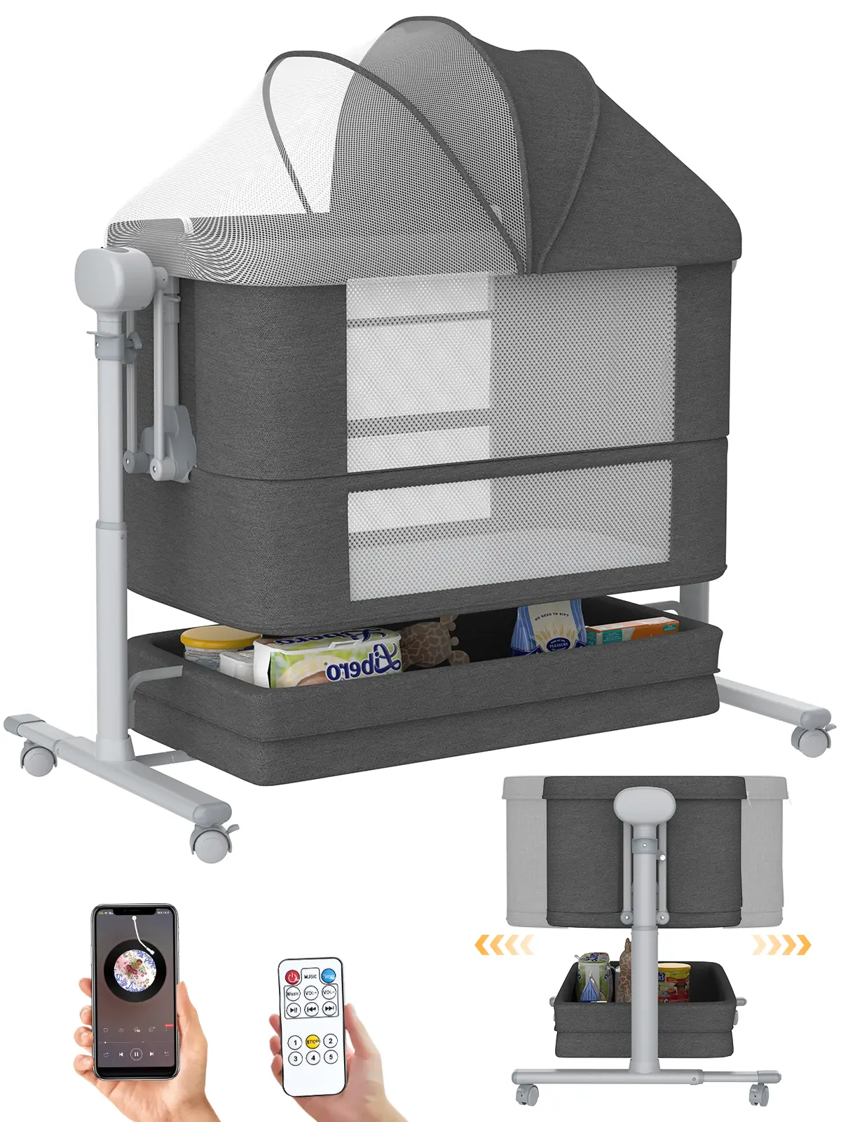 Electric Rocking Bassinet for Baby, 4 in 1 Baby Basinets Bedside Sleeper with Wheels, Automatic Bedside Bassinet with Remote Control, Baby Crib in Bed