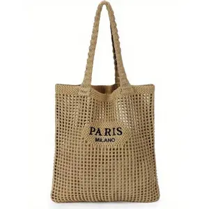 Knitted Shoulder Bag, Versatile Beach Tote Bag With Embroidered Hollow Letter Design, Casual Travel , Beach Bag