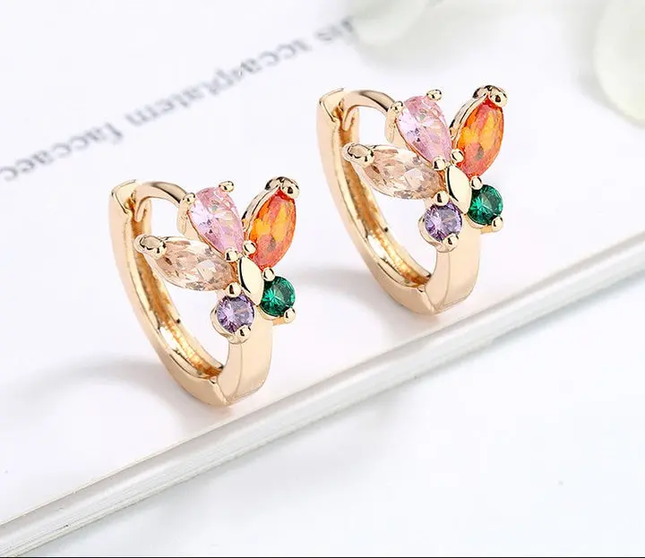18K Gold Plated Rainbow Butterfly Cubic Zirconia Huggie Hoop Earrings