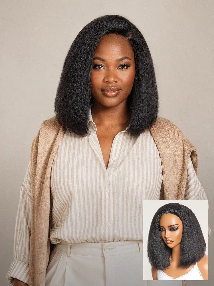 3-In-1 Half Wig 180% Density Kinky Straight Bob Glueless Flexi-Fit Drawstring Wig