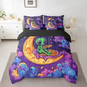 Feelyou 7-Piece Alien Motif Bedding Set, Cartoon Theme Space Comforter Set with Breathable Soft Blanket, Comforter, Sheets, Pillowcases, Cushion Covers (Multi-Size Option)