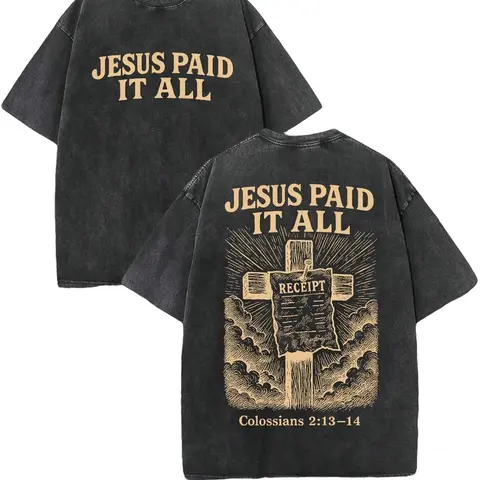 Men's Vintage Fitted 230 Pure Cotton Round Neck Short-Sleeve Figure-Flattering Top - Double-Sided Printed 'JESUS PAID IT ALL' Letter & Cross, Distressed Christian Gift, Casual Festive Street Style Fathers Day Apparel