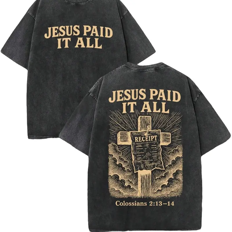 Men's Vintage Fitted 230 Pure Cotton Round Neck Short-Sleeve Figure-Flattering Top - Double-Sided Printed 'JESUS PAID IT ALL' Letter & Cross, Distressed Christian Gift, Casual Festive Street Style Fathers Day Apparel