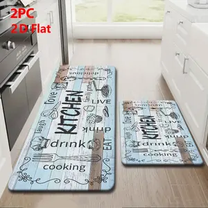 2/3pcs Soft Flannel Kitchen Mat Set, Farmhouse Kitchen Rug, Kitchen Runner Rug, Light Blue/ Rustic Wood Pattern, Non-Slip, Absorbent, Farmhouse Style Decor