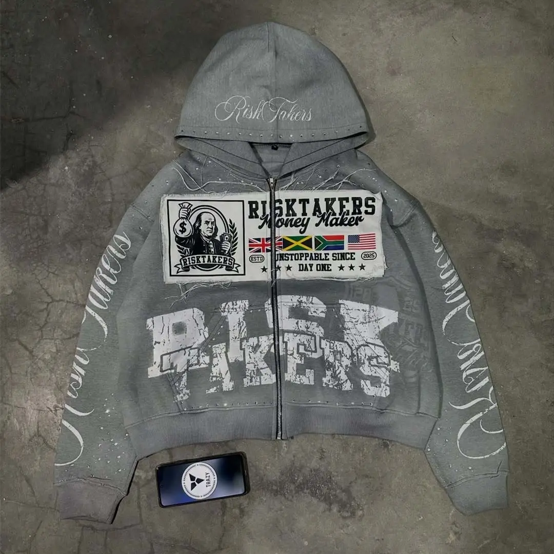 Grey Blue Full Zip Hooded Sweatshirt Print Detail Patch Detail Zip Up Hoodie Pockets Long Sleeve Cozy Streetwear