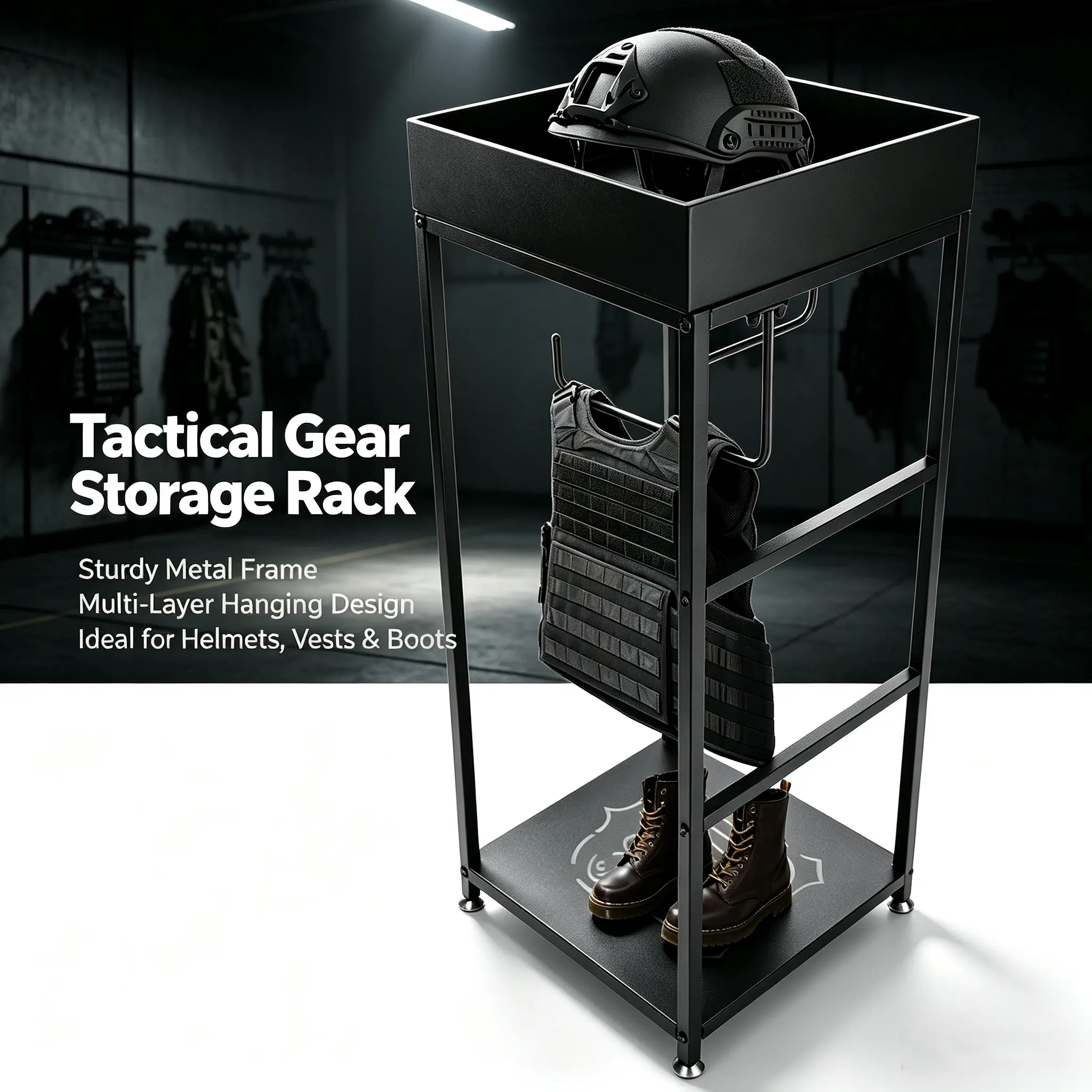 Durable Free-Standing Police Gear Rack with Iron Frame, Hanging Hooks, 60 lb. of Gear Capacity, Assembly Guide – Vest, Belt, Helmet Organizer for Law Enforcement & Garage Storage