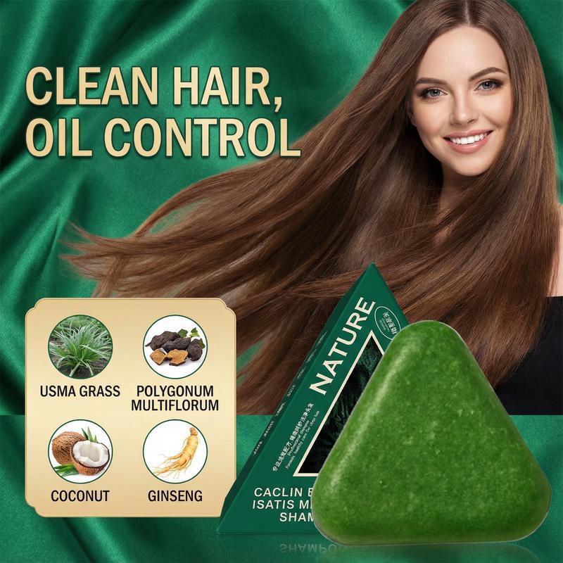 Nature Triangle Shampoo Bar Usman Grass Green Herbal Soap for Hair Growth Clean Oil Control with Polygonum Multiflorum Coconut Ginseng 80g Pack