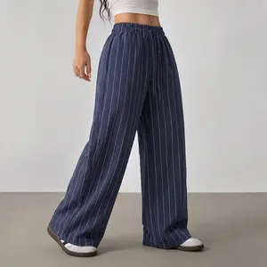 Women’s striped casual pants, couple wide-leg pants featuring a tie waist, lightweight loose fit, comfortable skin-friendly design—perfect for everyday wear and weekend outings, an essential choice for summer vacations.