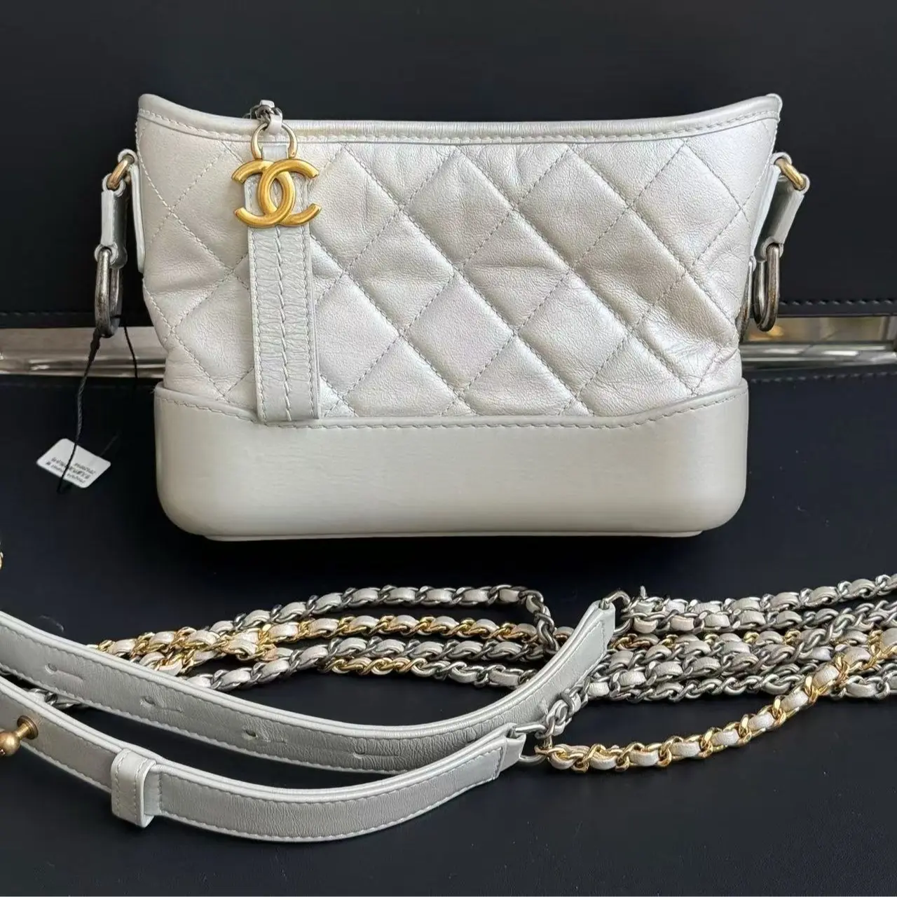 Pre-owned CHANEL Gabrielle Small Crossbody Bag Silver Grey, Excellent Condition, Style No. 2602924