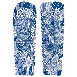 2 Herbal Semi-Permanent Waterproof Temporary Tattoos, Sticker Tattoos, Dark Totem Floral Koi Fish Wave Pattern, Unisex Arm Use