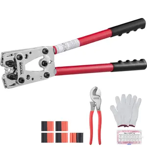 fathersdaygift  VEVOR Battery Cable Lug Crimping Tool, 10-1/0AWG with Cable Cutter and 48PCS Copper Ring Terminals, 6 Wire Sizes Crimping Die and 100pcs Heat Shrink Tubes, for Heavy Duty Wire Lugs