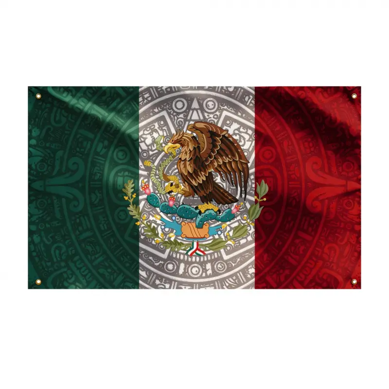 3x5 FT Polyester Aztec Mexico Flag - Bandera Mexicana with Aztec Motifs, 100D Double Print, 4 Brass Grommets, 2 Free Hooks for Cinco de Mayo, Independence Day, Home Decor Tapestry Banner Backdrop, Decorative