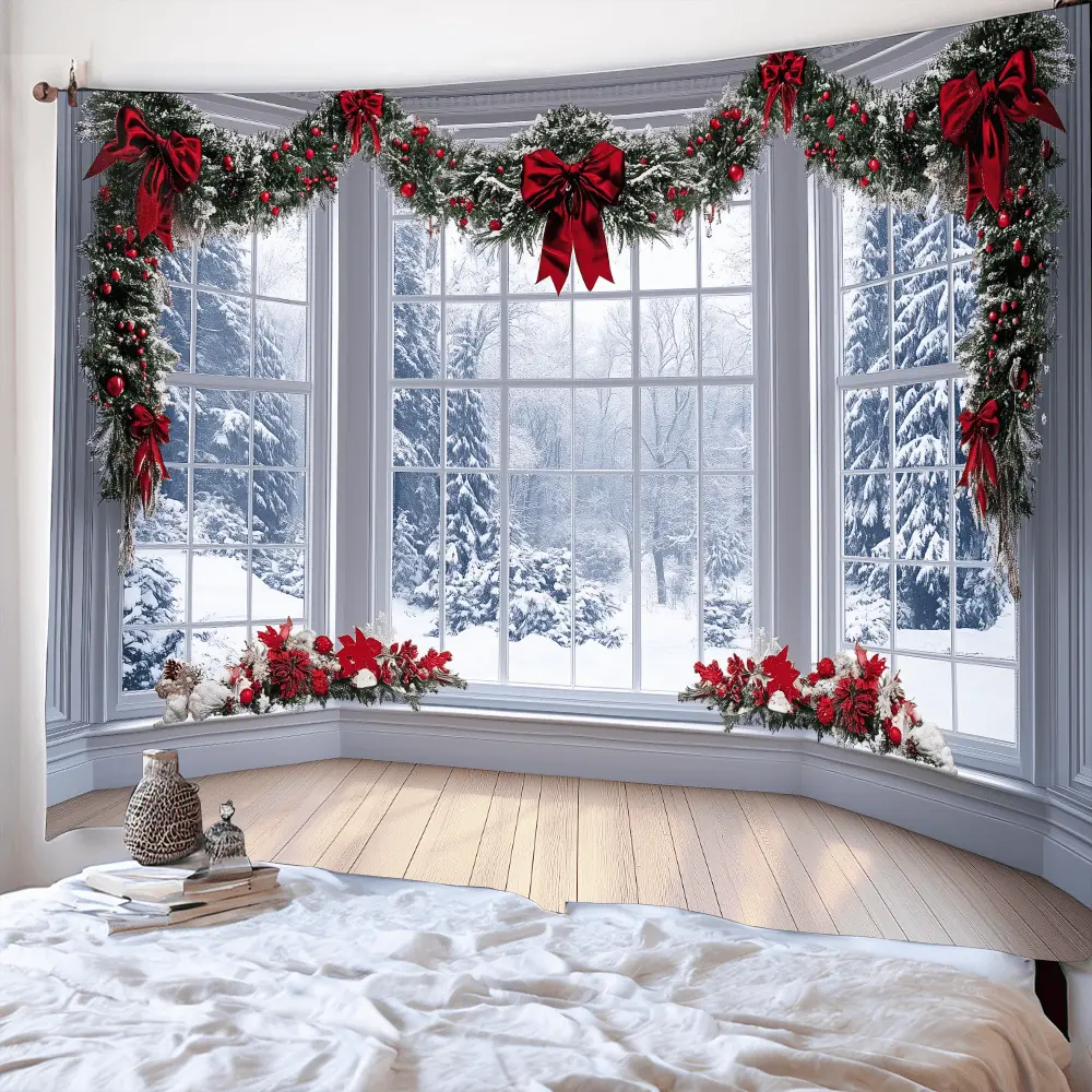 Winter Christmas Snowy Wall Hanging Tapestry - Easy-Hanging Hangable Polyester Wall Decor, Picturesque Holidays Background, Indoor Home Decoration for Living Room