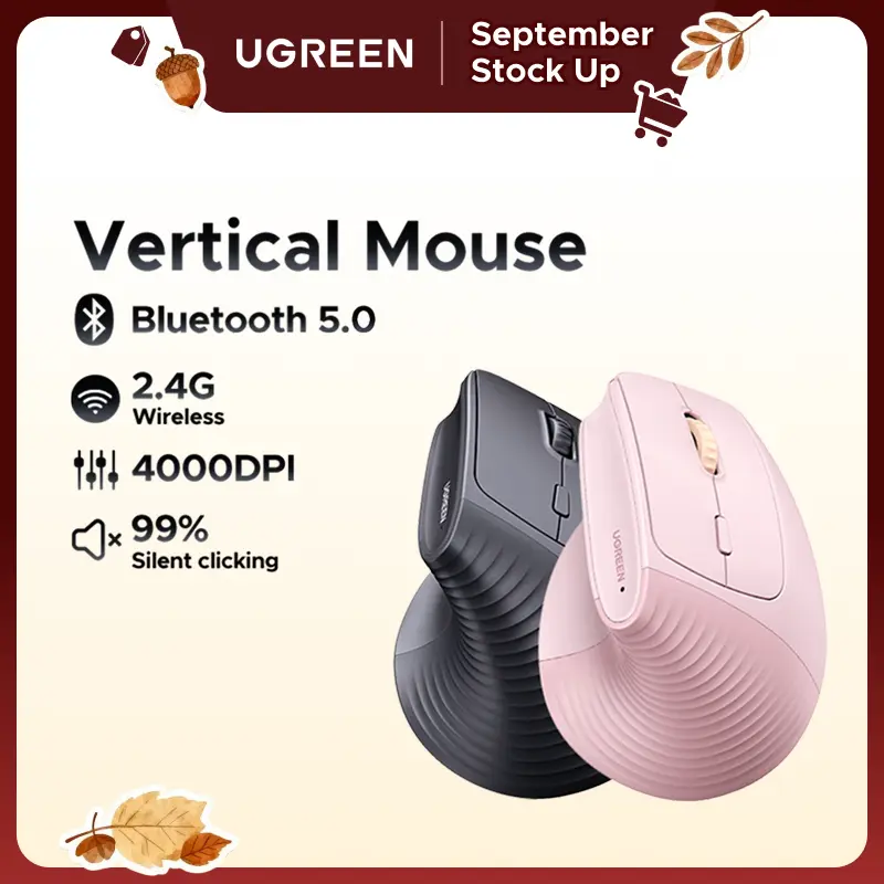 UGREEN Vertical Mouse Bluetooth 5.0 & 2.4G Wireless Ergonomic Mouse with 5 Buttons, 4000 DPI, Balck & Pink Ergonomic Mouse Compatible with PC/Laptop，Only 2.4G Model(Bluetooth not supported),tiktokshopstockup, Computer Peripherals, Desk Ac