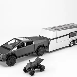 Metal Diecast Truck Toy with RV and ATV  Model Car Toy Cyber Style Truck  1/32 Pull Back Alloy Diecast Pickup Trailer Model Kit with Light and Sound, for Kids Aged 3 and Up