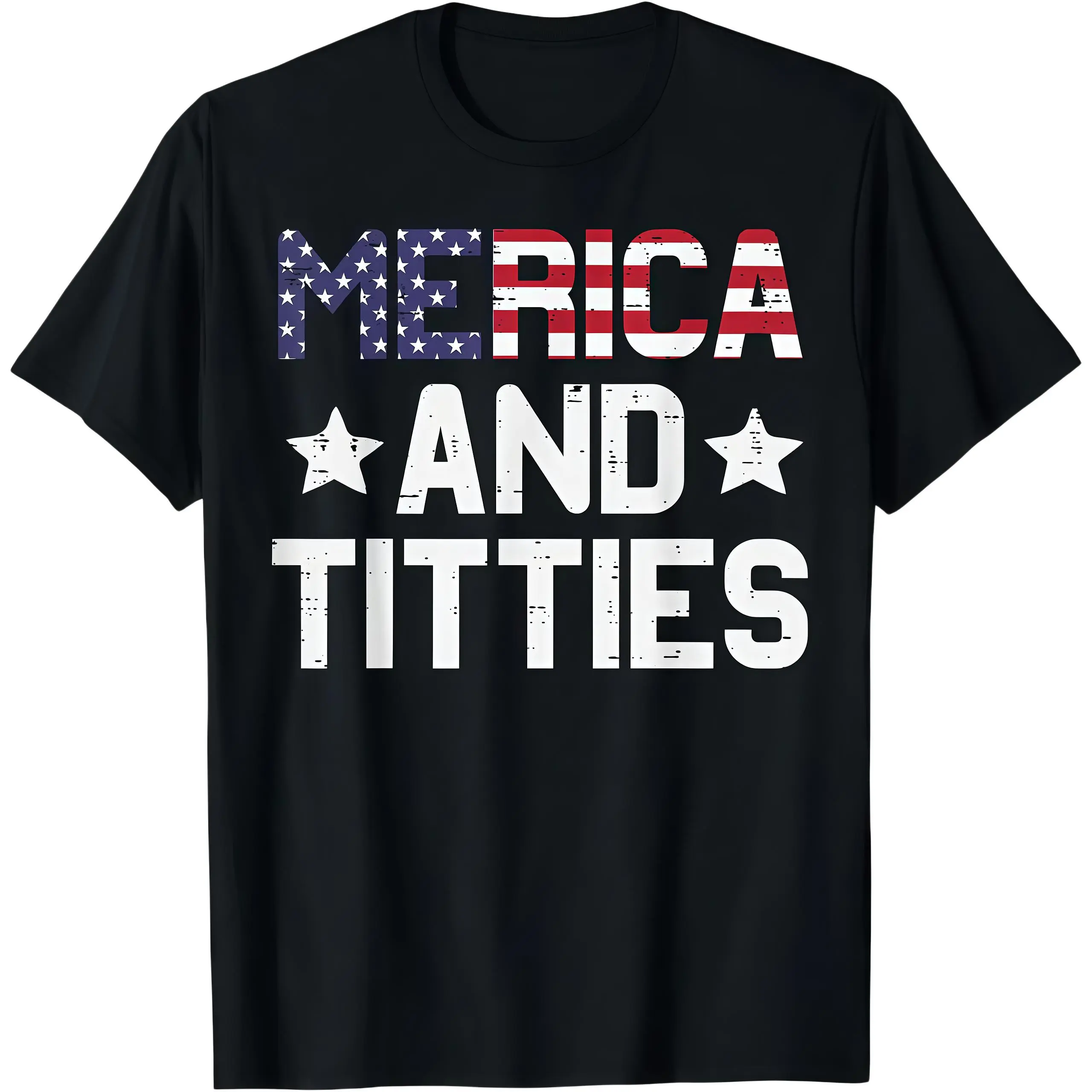 Funny Merica And Titties Patriotic Print T-shirt, Vintage flag lettering design Bold country aesthetic, Men's Casual Classic Soft Breathable Cotton Crew Neck Graphic Print Tee Top, Summer OOTD Streetwear Tshirt, Menswear & Womenswear Gifts