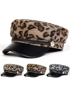 Unisex Faux Fur Leopard Print Beret Hat, Adjustable PU Leather Sun Protection Cap, Casual Outdoor Travel Beach Vacation Headwear