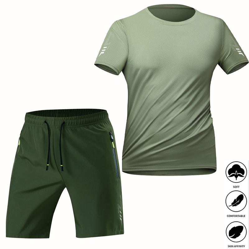 2-Pack Men’s Quick Dry Ice Silk Tracksuit, Loose Breathable T-Shirt & Shorts Set, Cooling Sweat-Wicking for Gym, Running, Outdoor & Home Casual