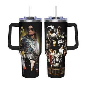 Michael Jackson Tumbler 40oz With Handle, King of Pop Collage Tumbler, MJ Fan Gift, Music Legend Travel Cup, Retro Pop Star Drinkware, Gift for Pop Fans