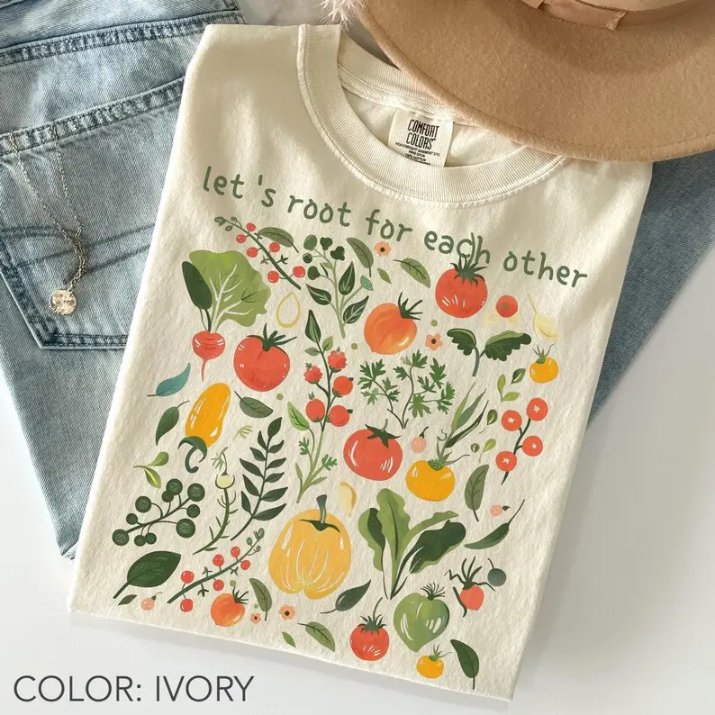 Comfort Colors Let's Root For Each Other Vegetable T-Shirt, Botanical Garden Shirt, Tomato Turnip Veggie Lover Gift, Cottagecore Vegan Shirt