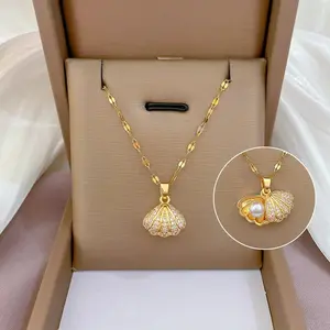 Gold Seashell Pearl Pendant Necklace for Women – Beach-Themed Jewelry with Enamel Shell Charm, Cubic Zirconia Rhinestones & Adjustable Chain, Perfect Summer Gift, Bridesmaid, or Vacation Accessory