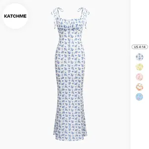 KatchMe Fresh Womenswear Adjustable Strap Floral Print Tie-Up Slinky Maxi Dress,Basic Minimalist Girls Outfit,Low-Neckline Lace-Up Summer Dresses