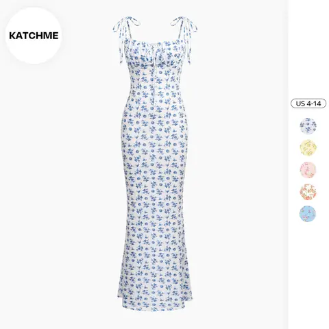 KatchMe Fresh Womenswear Adjustable Strap Floral Print Tie-Up Slinky Maxi Dress,Basic Minimalist Girls Outfit,Low-Neckline Lace-Up Summer Dresses
