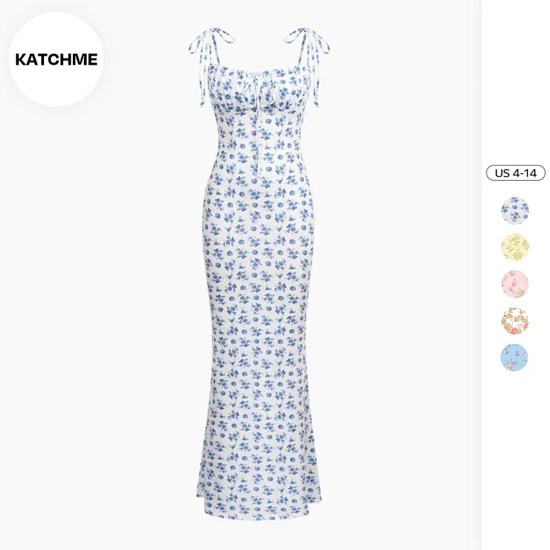 KatchMe Fresh Womenswear Adjustable Strap Floral Print Tie-Up Slinky Maxi Dress,Basic Minimalist Girls Outfit,Low-Neckline Lace-Up Summer Dresses
