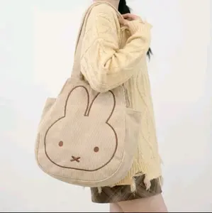 Kawaii Miffyy Corduroy Bunny Tote Bag | Cute Rabbit Anime Large Capacity Bag | Japanese Kawaii Design School Accessory