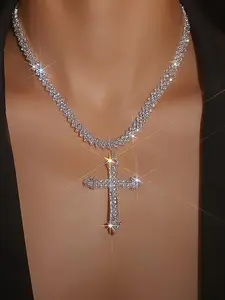 Rhinestone Decorated Cross Adjustable Pendant Necklace for Women, Fashion Jewelry for Party, Daily Clothing Decor, Trendy All-match & Exquisite Jewelry for Birthday Gift, Fashionable Jewelry Accessories, Fashion Accessory, Bling Chain