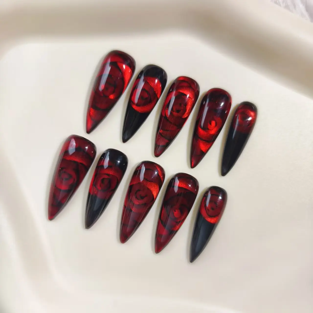 Handmade Acrylic Nails, Gothic Rose Cat Eye Press-On Set, Long Customizable Fake Nails with Application Kit