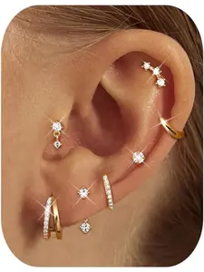 7 Pairs Small Stud Hoop Earrings for Women -Hypoallergenic 14K Gold Plated Huggie Earring Sets for Multiple Piercing Dainty Earring Stacks Cute Silver Cartilage Jewelry Trendy Gifts Studs Earrings Earring Stacking Set