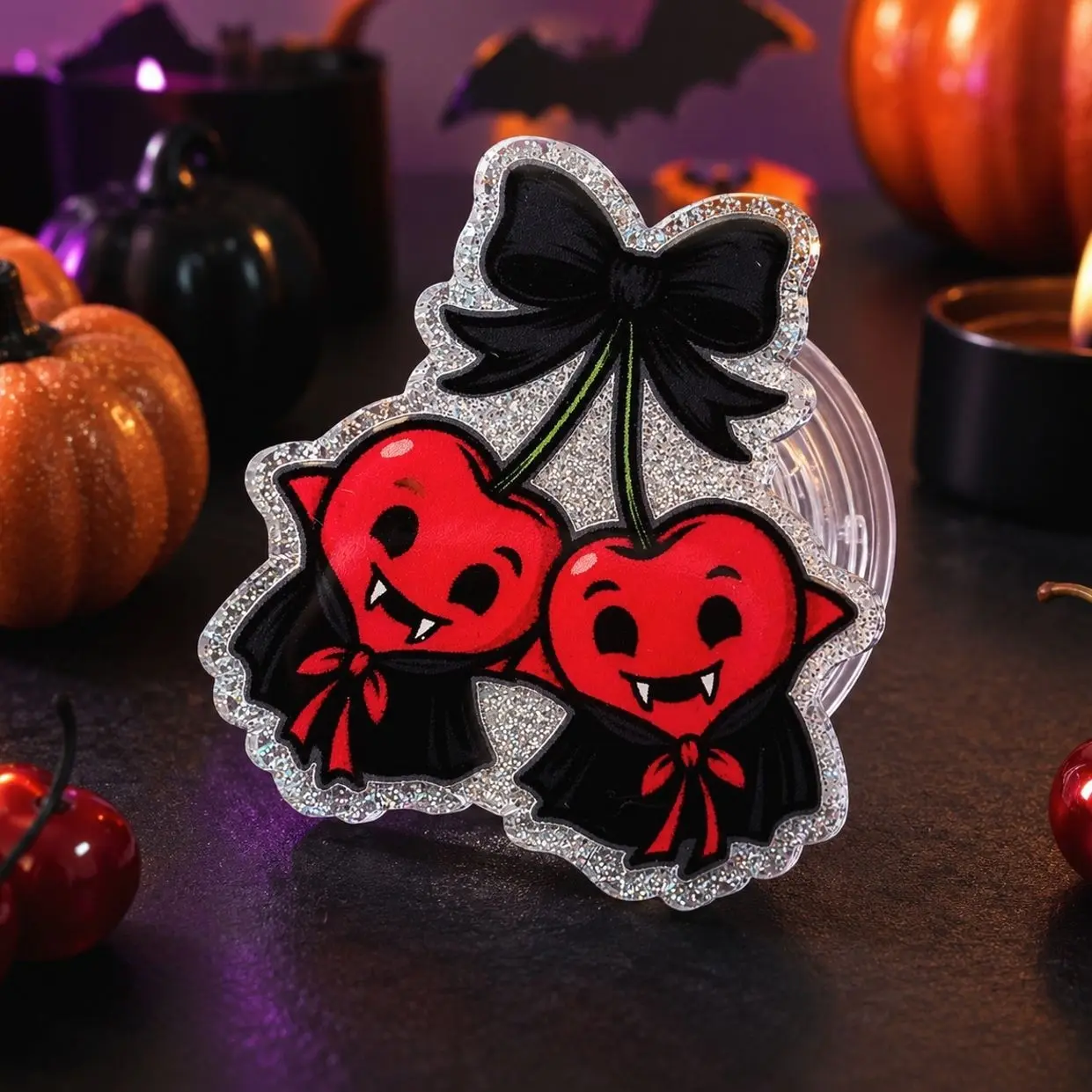 Vampire Cherry Phone Grip, Halloween PopSocket, Kawaii Spooky Cherries, Glitter Phone Accessory