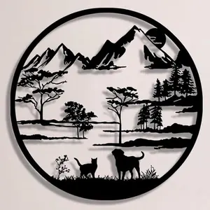 Mountain & Dog & Cat Pattern Wall Art, 1 Count Round Metal Wall Decoration, Wall Hanging Decor for Home Living Room Bedroom Outdoor Garden, Hangable