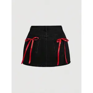 Women Casual Short Denim Skirt With Bow Decor Womenswear Bottom Women Casual Short Denim Skirt With Bow Decor Womenswear Bottom